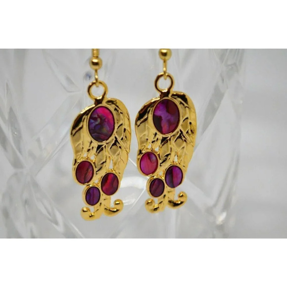 Fuschia Dangle Hook Earrings Abalone Accents Eclectic Abstract Stylized Floral - Picture 2 of 6